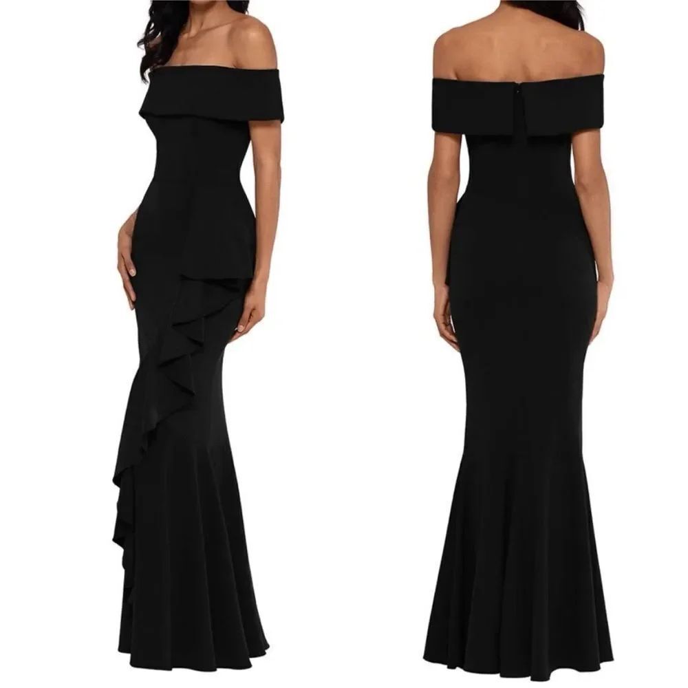 Betsy & Adam A22885 Off-The-Shoulder Mermaid Gown Ruffle Front Dress